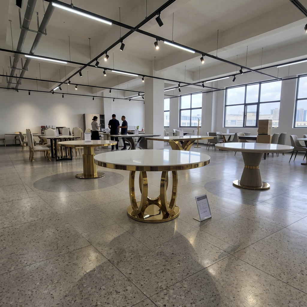 Round Dining Table with Titanium Gold Stainless Steel Ring Pedestal Base