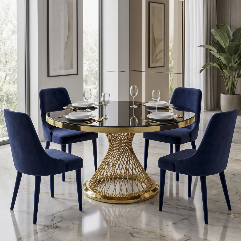 Round Dining Table with Twisted Mesh Gold Stainless Steel Pedestal Bas