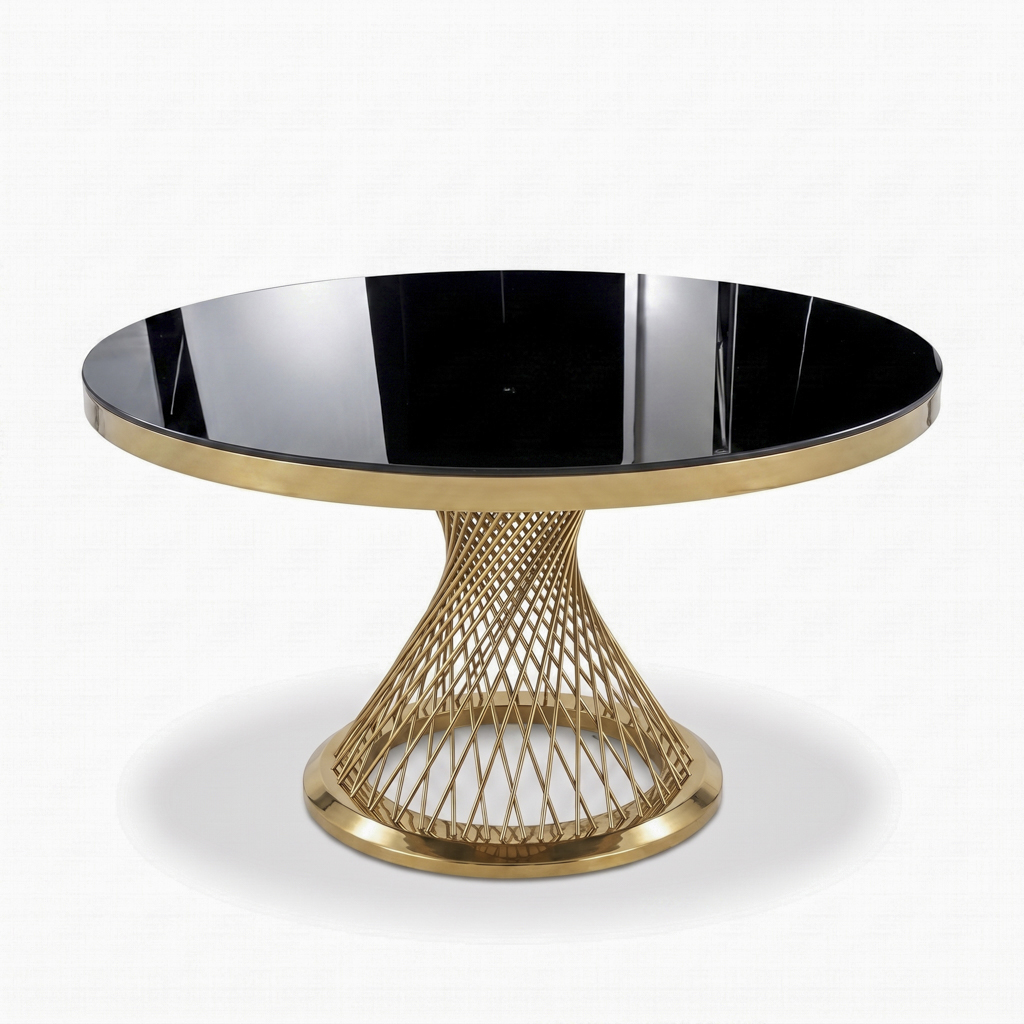 Round Dining Table with Twisted Mesh Gold Stainless Steel Pedestal Bas