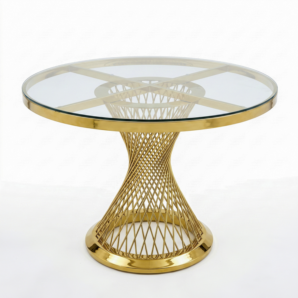Round Dining Table with Twisted Mesh Gold Stainless Steel Pedestal Bas