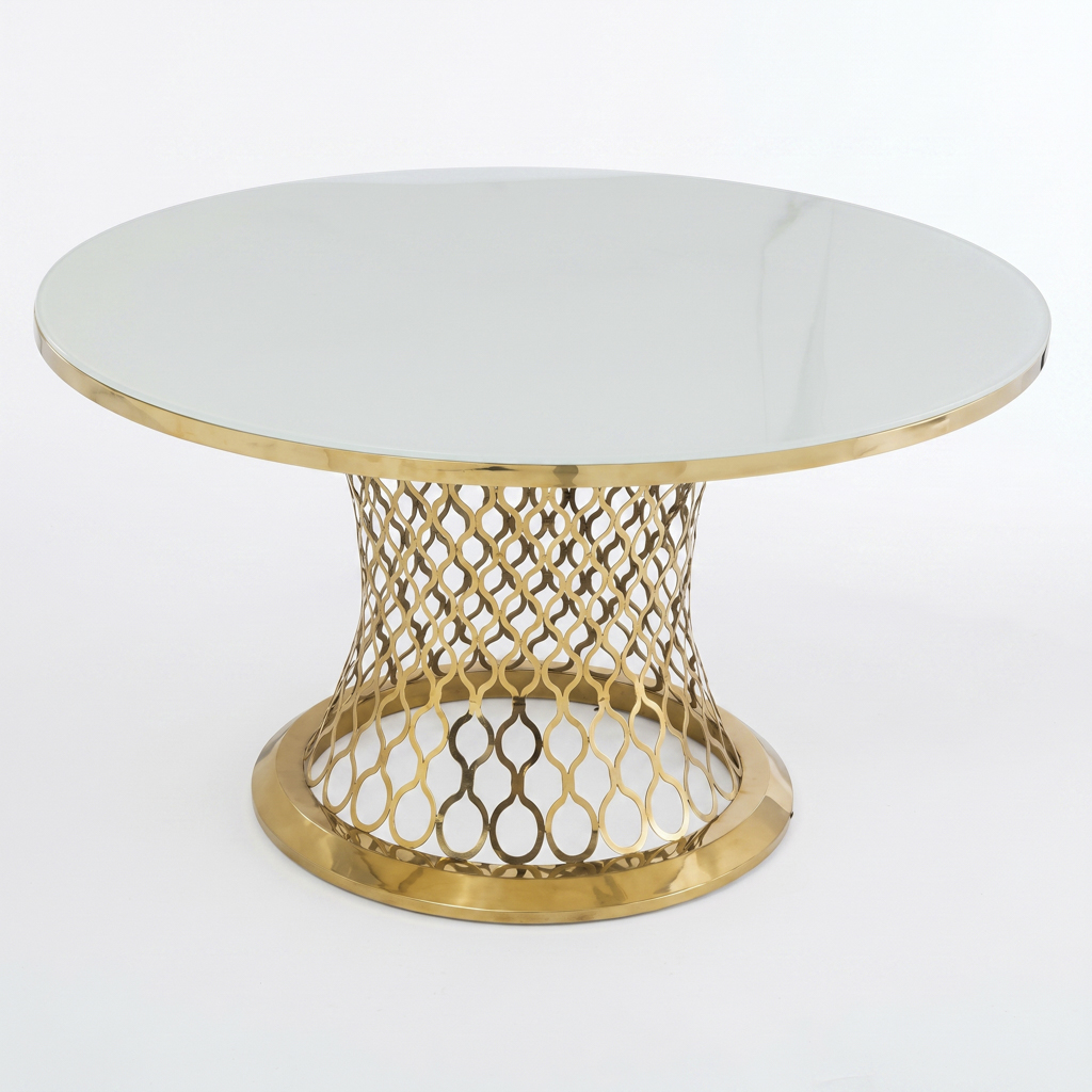 Round Dining Table with Twisted Mesh Gold Stainless Steel Pedestal Bas