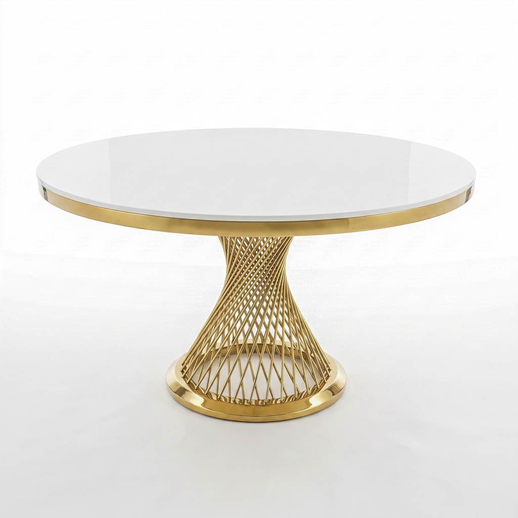 Round Dining Table with Twisted Mesh Gold Stainless Steel Pedestal Bas