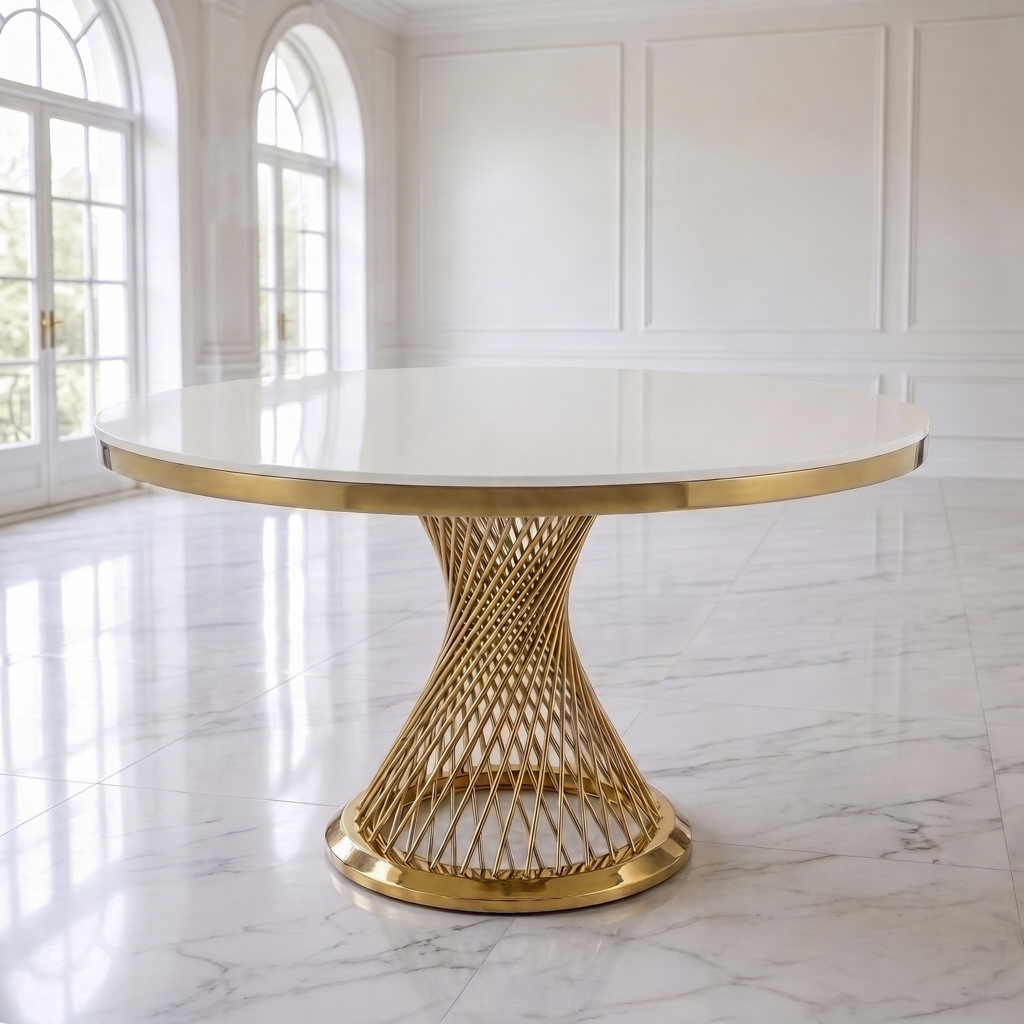 Round Dining Table with Twisted Mesh Gold Stainless Steel Pedestal Bas