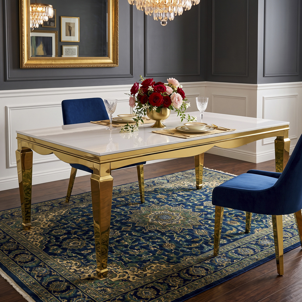 Classic Gold Stainless Steel Rectangular Dining Table with Multiple Leg Designs
