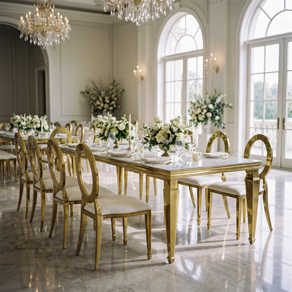 Classic Gold Stainless Steel Rectangular Dining Table with Multiple Leg Designs