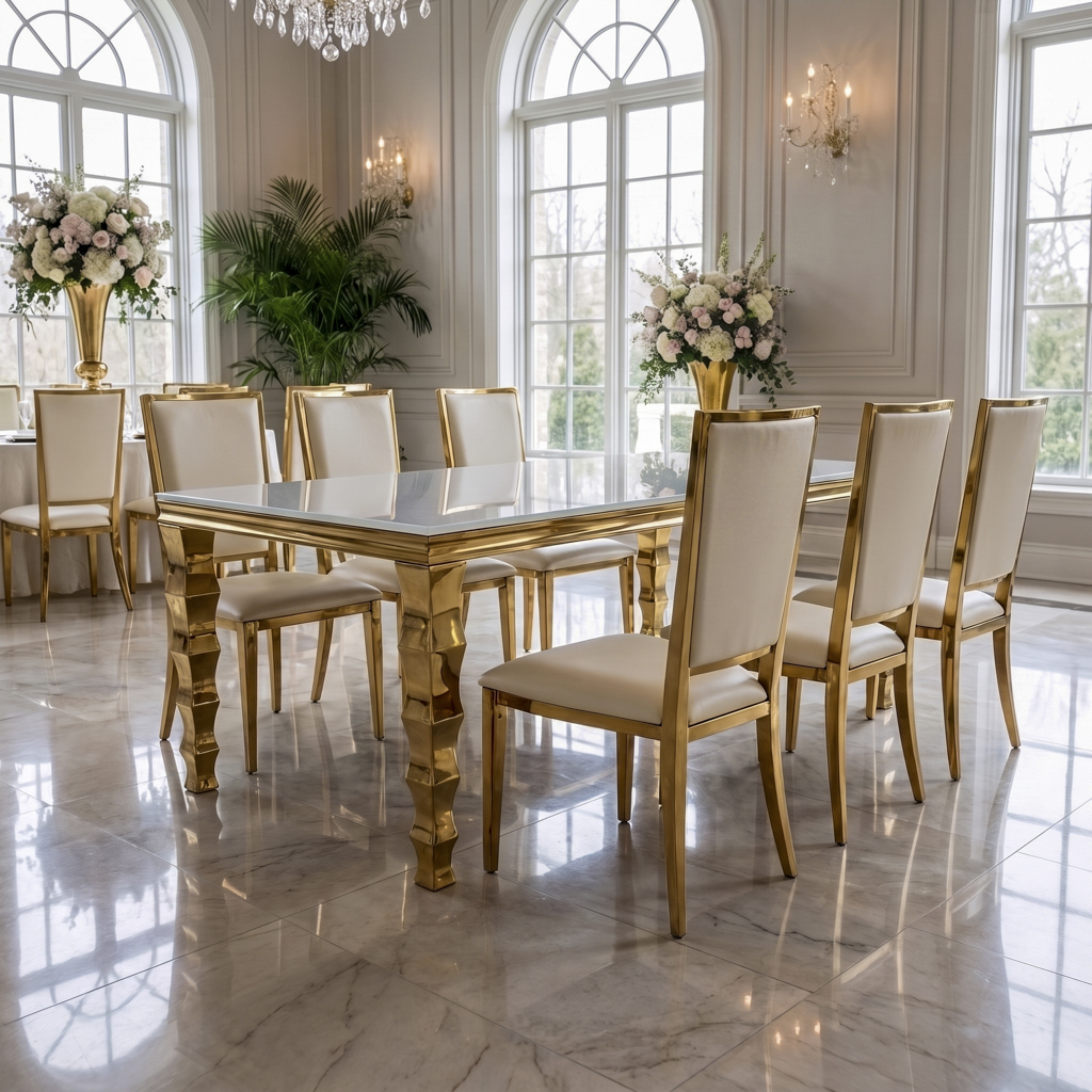 Carved Gold Metal Leg Rectangular Banquet Dining Table