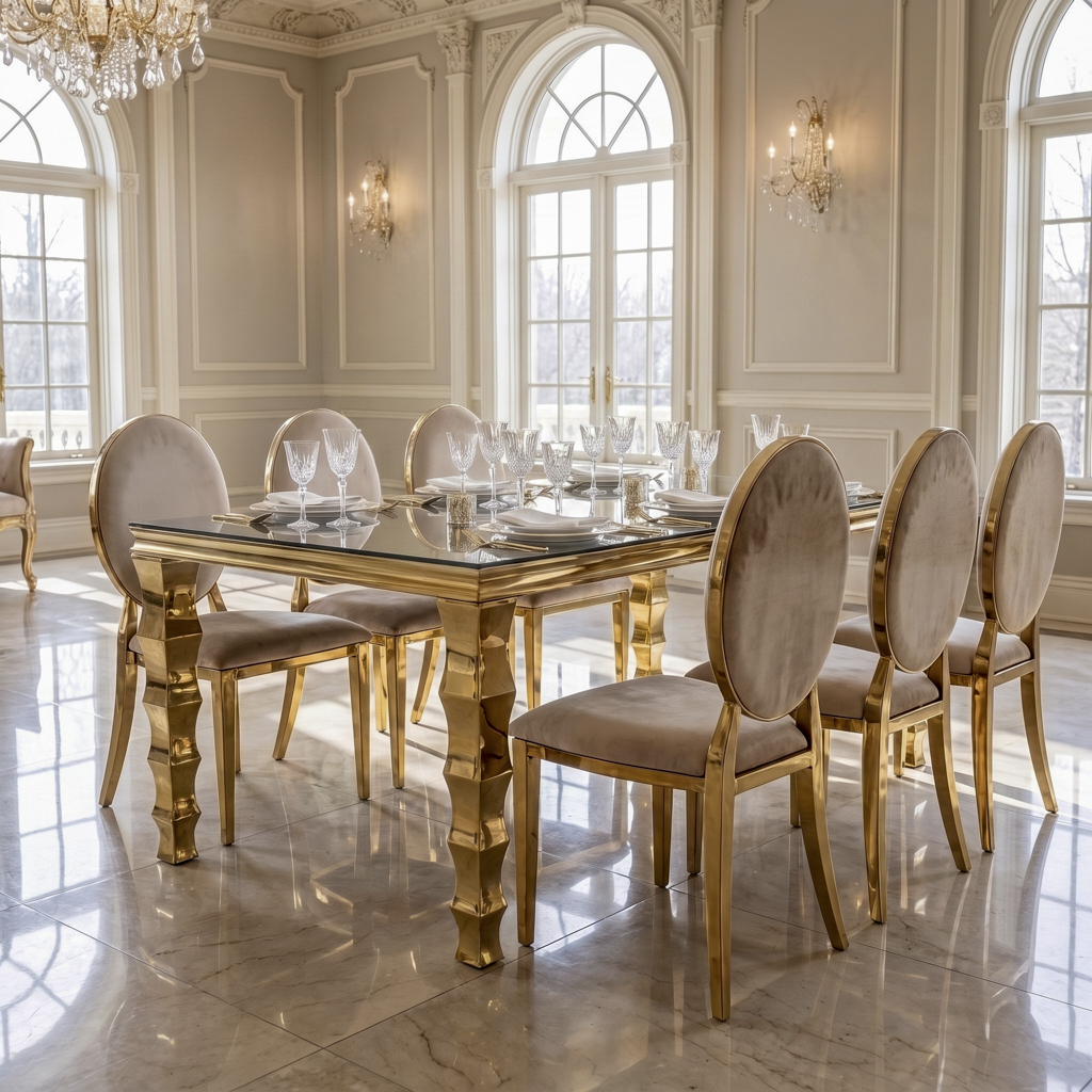 Carved Gold Metal Leg Rectangular Banquet Dining Table