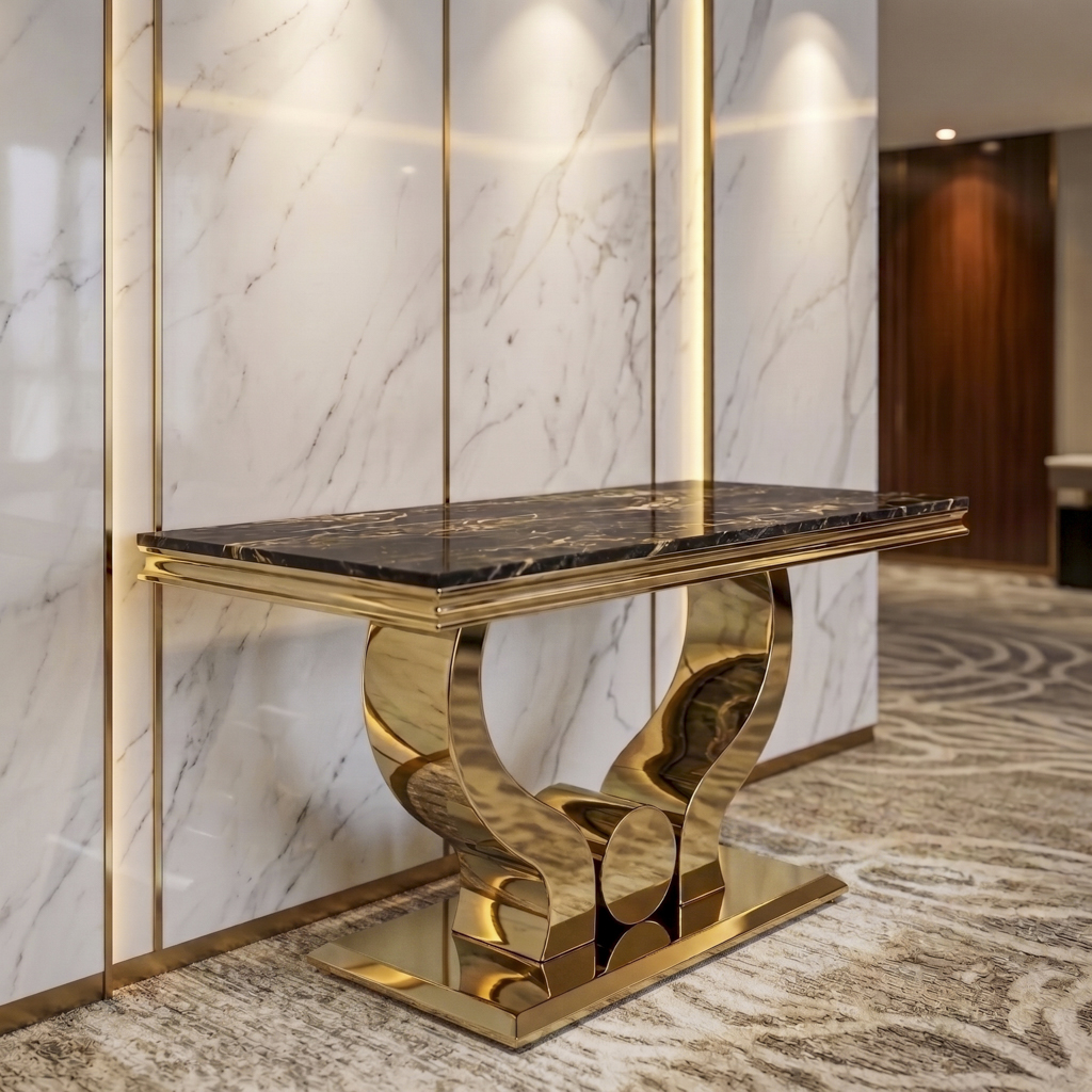 Modern Sculptural Gold Metal Console Table with Artistic Pedestal Base