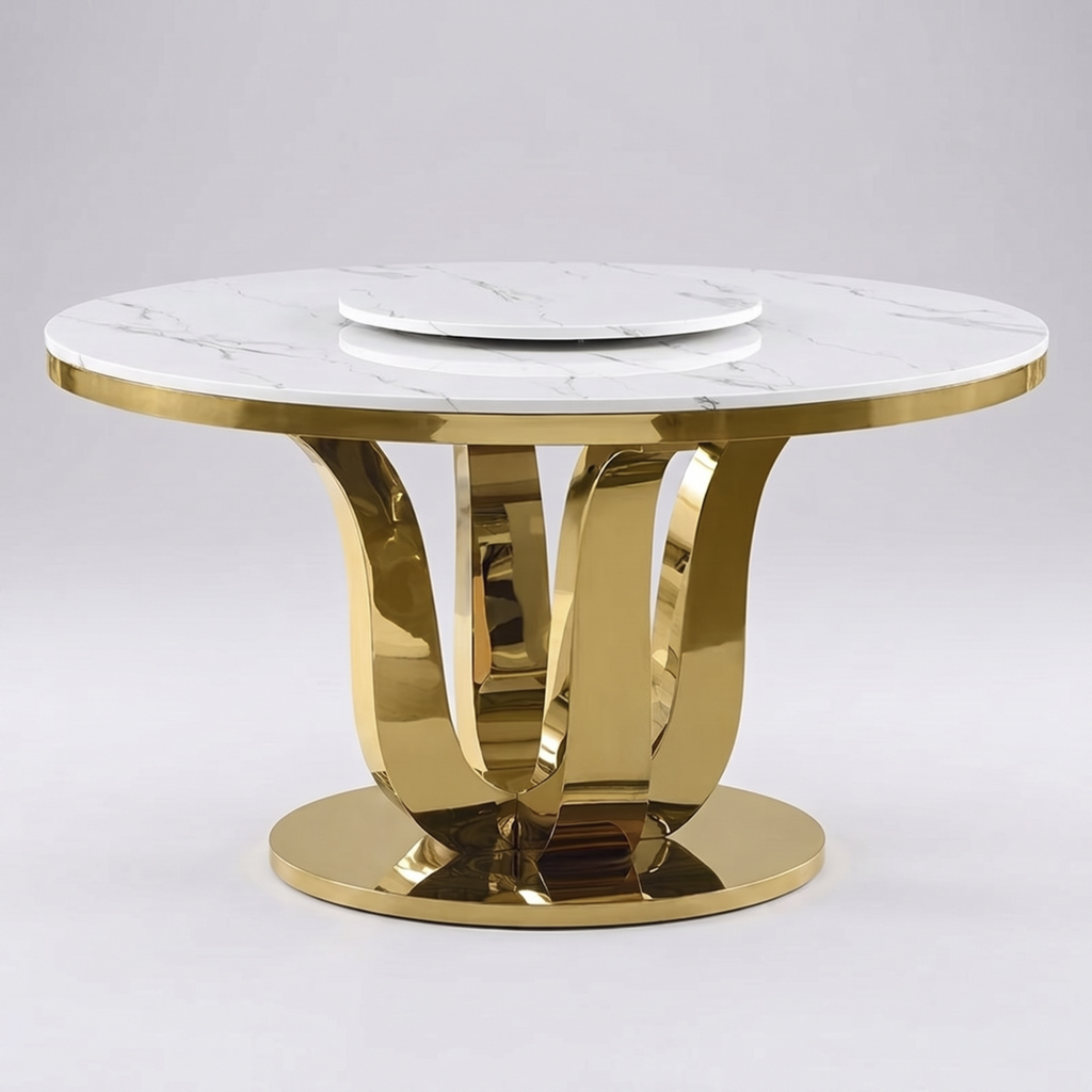 Round Banquet Dining Table with Stainless Steel Curved Pedestal Base & Lazy Susan