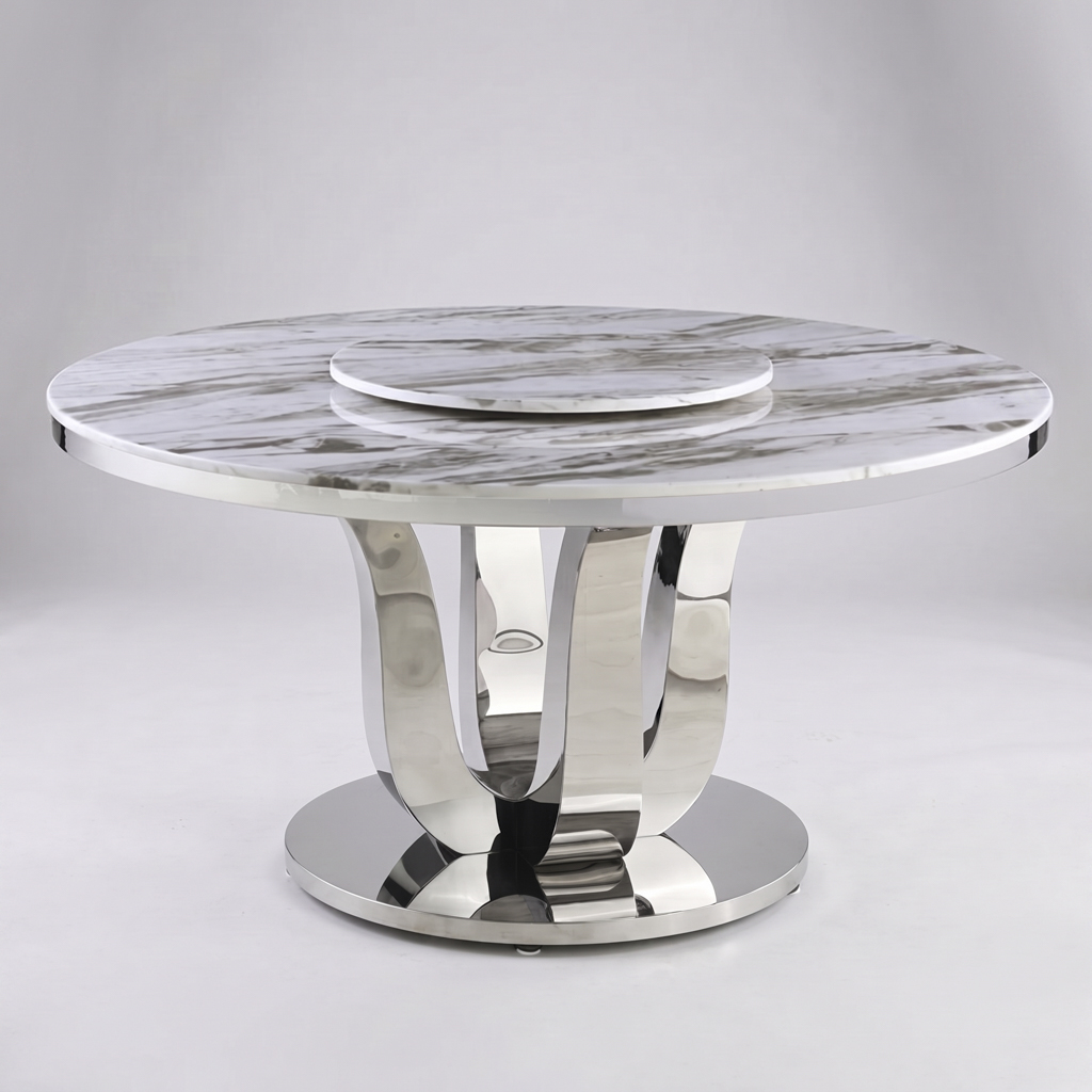 Round Banquet Dining Table with Stainless Steel Curved Pedestal Base & Lazy Susan