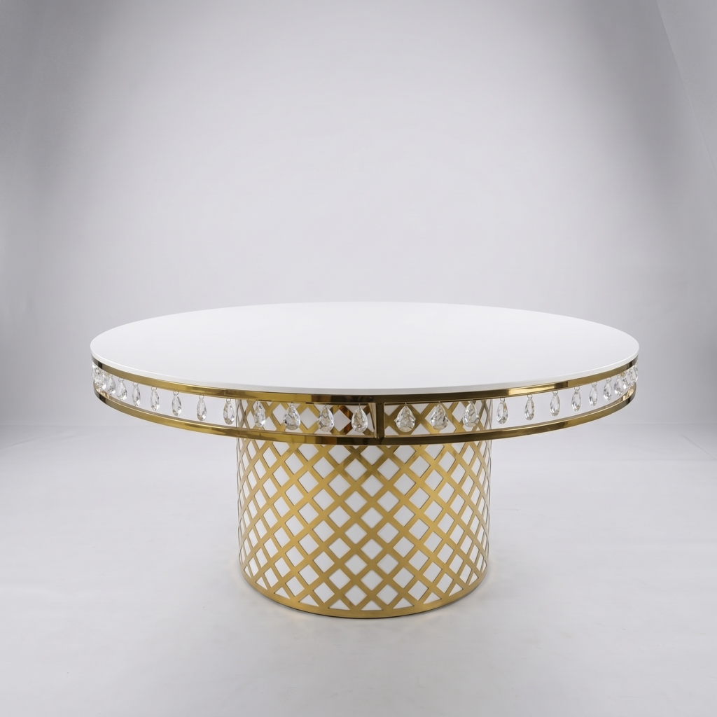 Round Banquet Dining Table with Stainless Steel Curved Pedestal Base & Lazy Susan