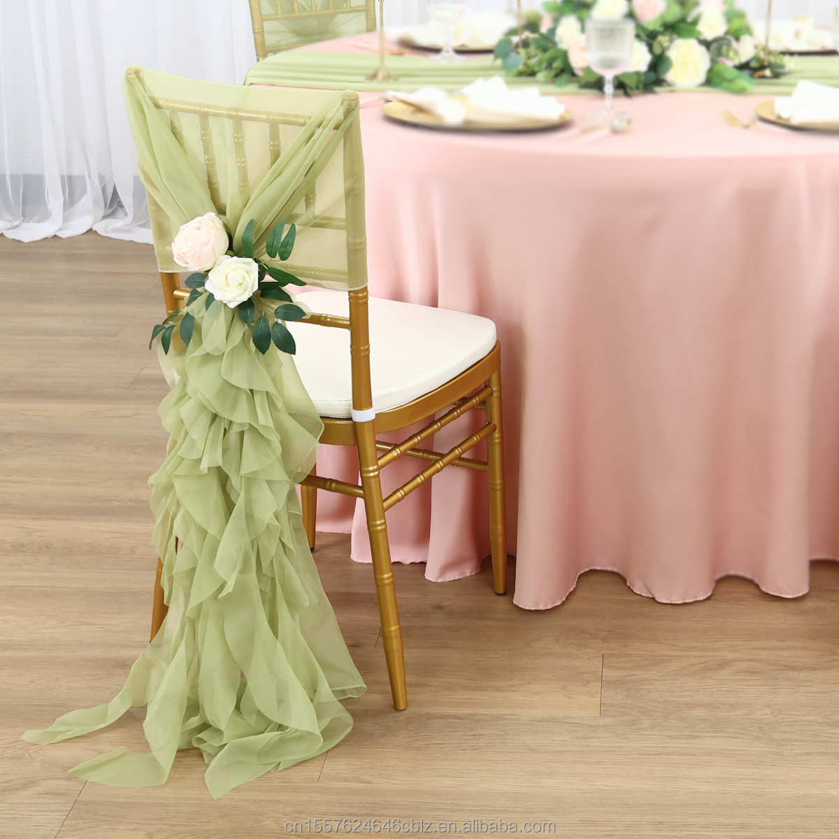 Chiffon Ruffled Chair Sash with Vertical Drape – Wedding Banquet Chair Back Decor