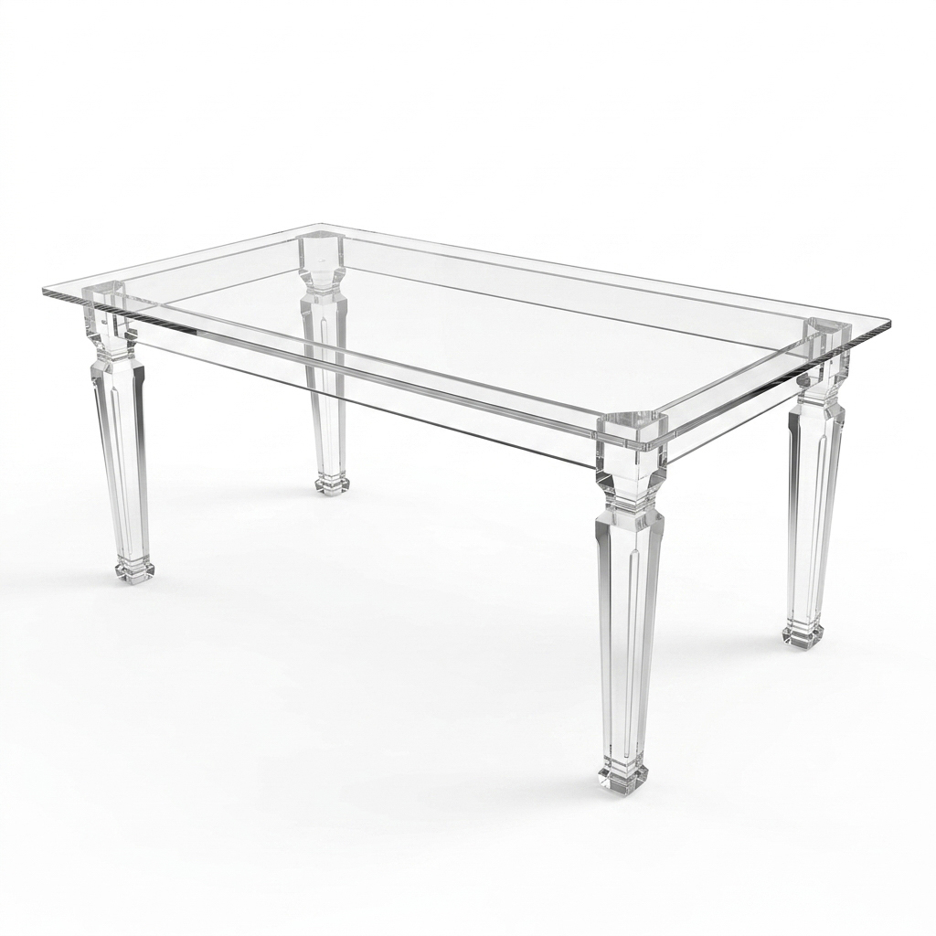 Transparent Acrylic Rectangular Table with Ornate Carved Legs – Clear Lucite Banquet Dining Table