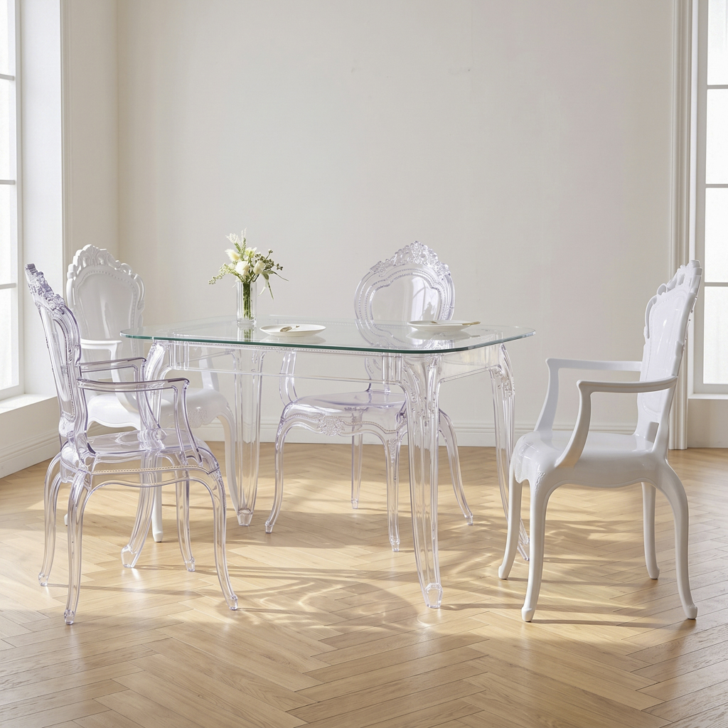 Transparent Acrylic Dining Table Collection – Clear Lucite Rectangular & Round Tables for Banquet We