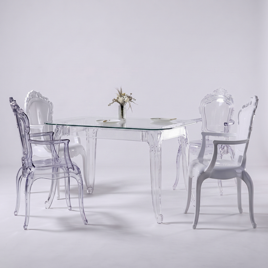 Transparent Acrylic Dining Table Collection – Clear Lucite Rectangular & Round Tables for Banquet We