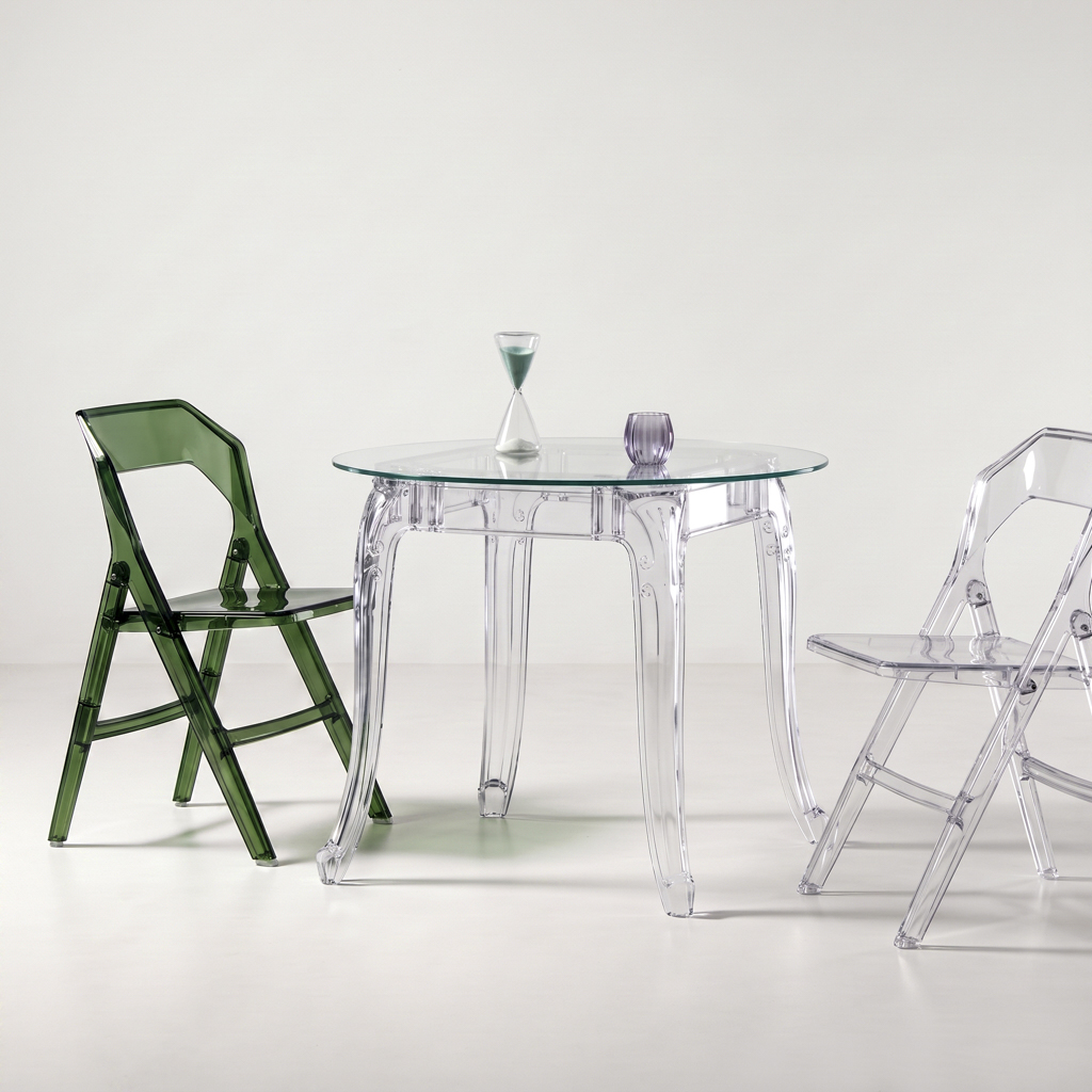 Transparent Acrylic Table Collection – Round, Rectangular & Half-Round Clear Lucite Tables with Orna