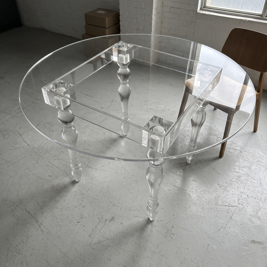 Transparent Acrylic Table Collection – Round, Rectangular & Half-Round Clear Lucite Tables with Orna