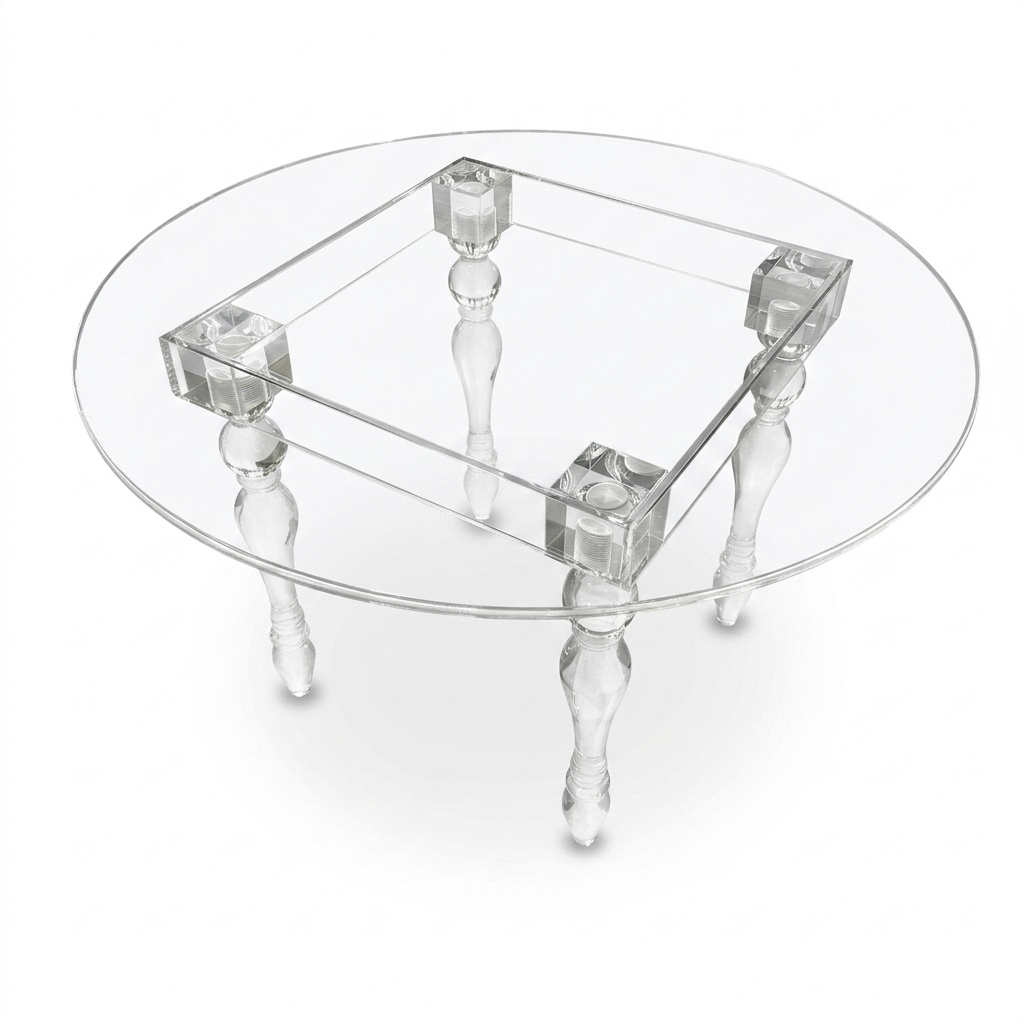 Transparent Acrylic Table Collection – Round, Rectangular & Half-Round Clear Lucite Tables with Orna
