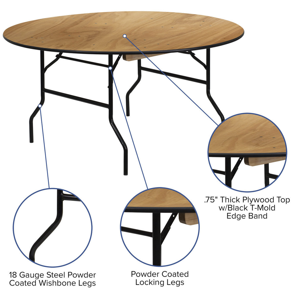 Round Wooden Folding Banquet Table – Wood Top Heavy-Duty Metal Frame Circular Event Table