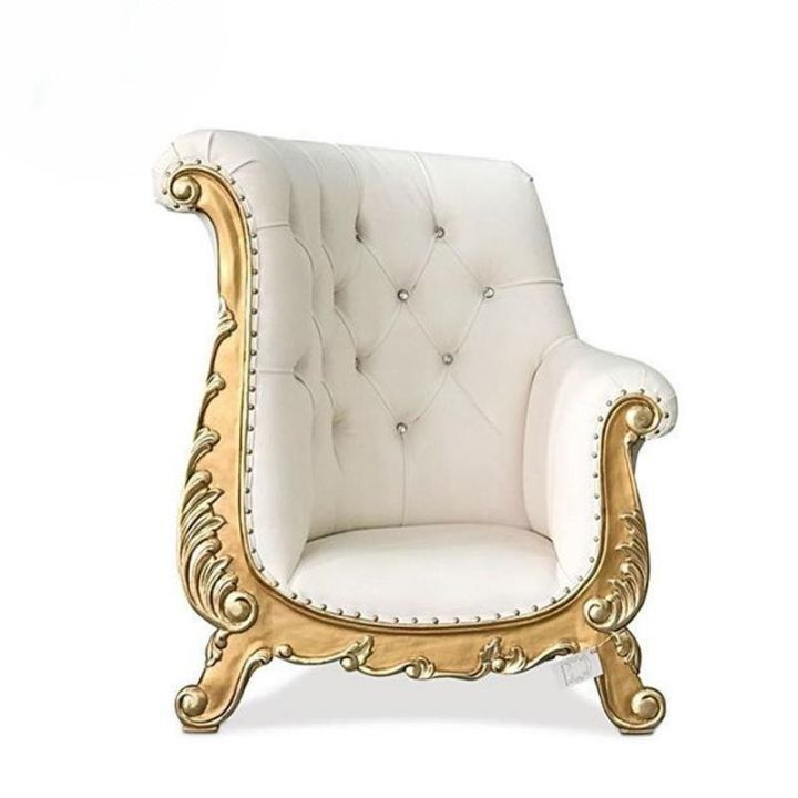 European Golden Carved Single Sofa Chair, White Tufted Velvet Armchair for Wedding Event VIP Lounge