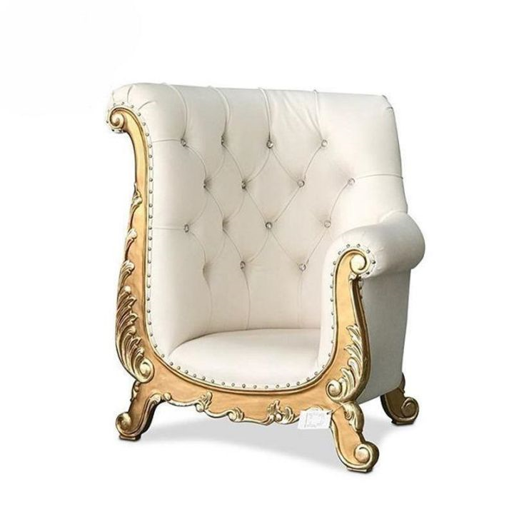 European Golden Carved Single Sofa Chair, White Tufted Velvet Armchair for Wedding Event VIP Lounge