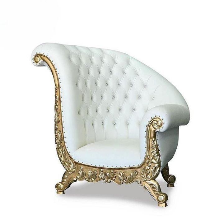European Golden Carved Single Sofa Chair, White Tufted Velvet Armchair for Wedding Event VIP Lounge