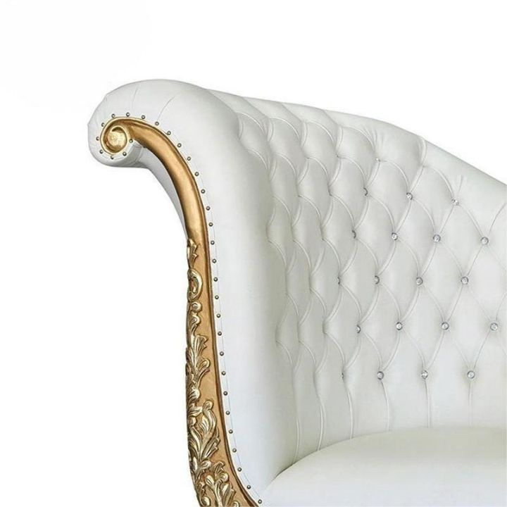 European Golden Carved Single Sofa Chair, White Tufted Velvet Armchair for Wedding Event VIP Lounge