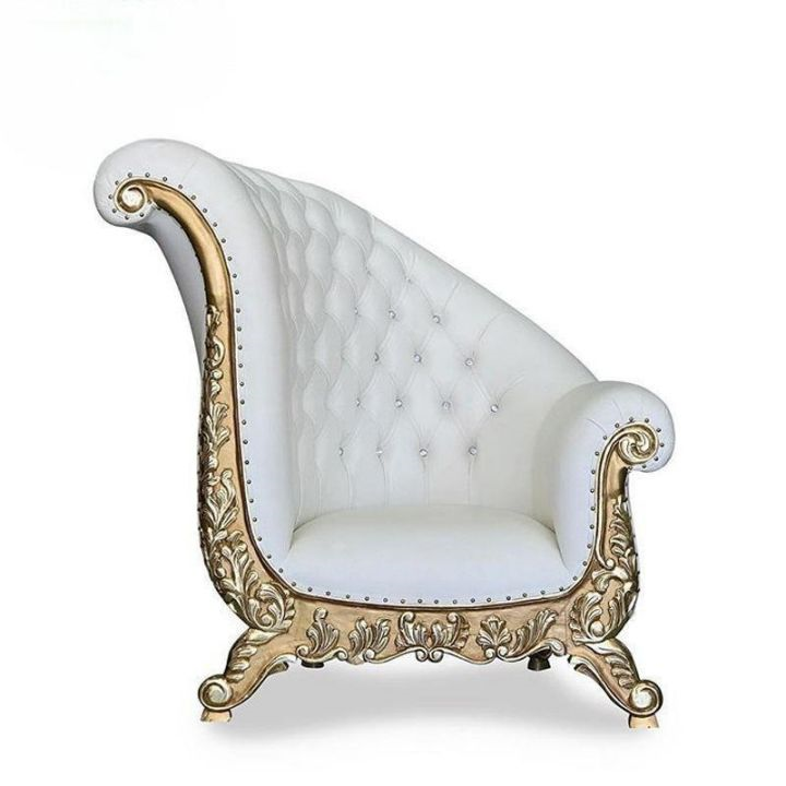 European Golden Carved Single Sofa Chair, White Tufted Velvet Armchair for Wedding Event VIP Lounge