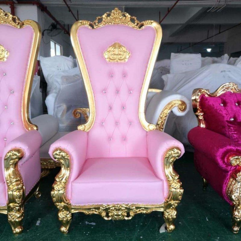 Royal Pink Gold Carved High Back King Throne Chair – Tufted Upholstered Chair for Wedding Birthday P