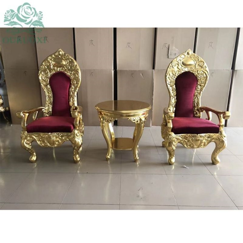 Royal Pink Gold Carved High Back King Throne Chair – Tufted Upholstered Chair for Wedding Birthday P