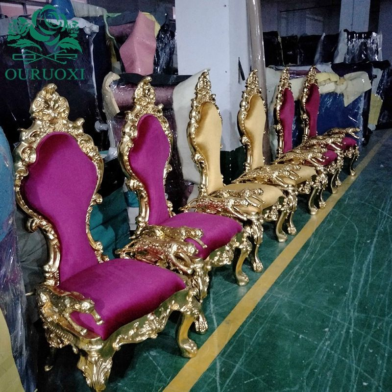 Royal Pink Gold Carved High Back King Throne Chair – Tufted Upholstered Chair for Wedding Birthday P
