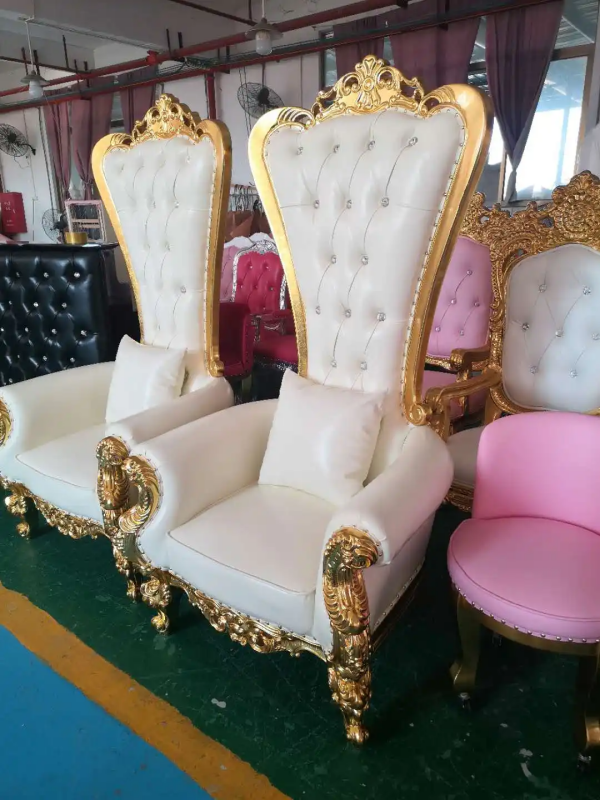 Royal Pink Gold Carved High Back King Throne Chair – Tufted Upholstered Chair for Wedding Birthday P