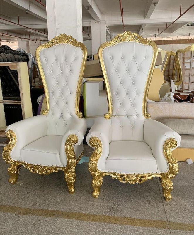 Gold Carved Tall High Back Throne Chair – White Tufted Royal Chair for Wedding Event Rental Decor