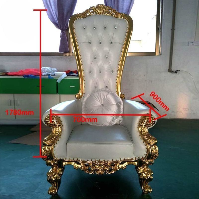 Gold Carved Tall High Back Throne Chair – White Tufted Royal Chair for Wedding Event Rental Decor