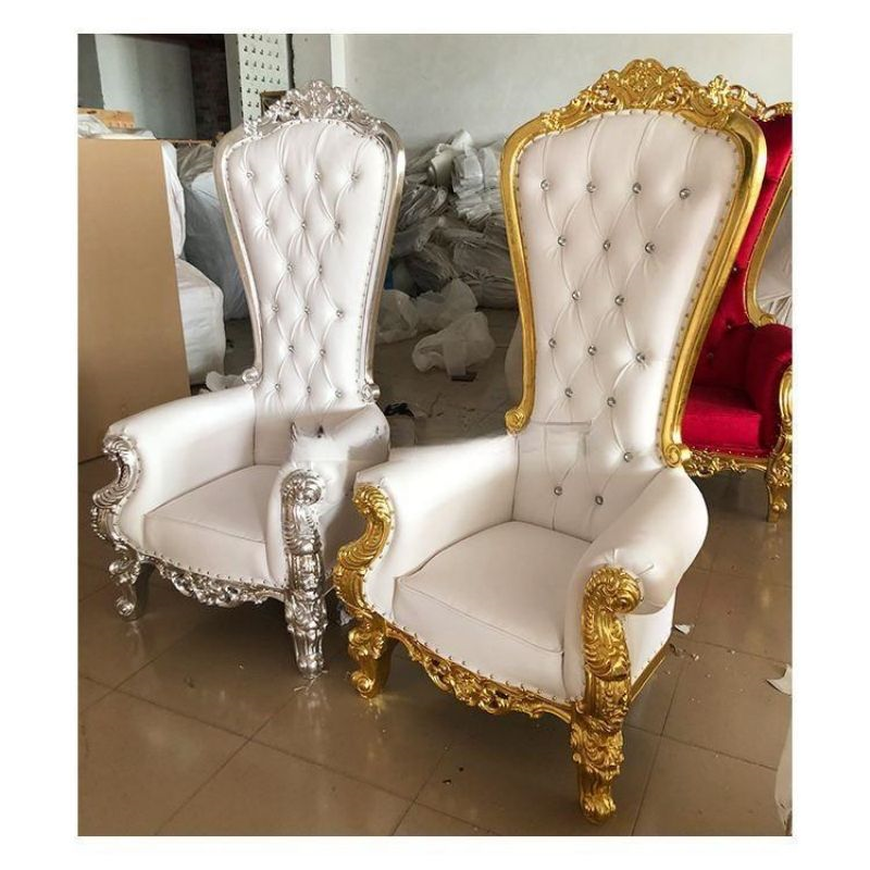 Gold Carved Tall High Back Throne Chair – White Tufted Royal Chair for Wedding Event Rental Decor