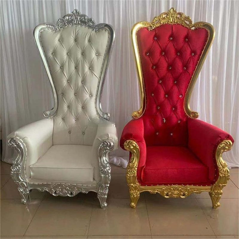 Gold Carved Tall High Back Throne Chair – White Tufted Royal Chair for Wedding Event Rental Decor