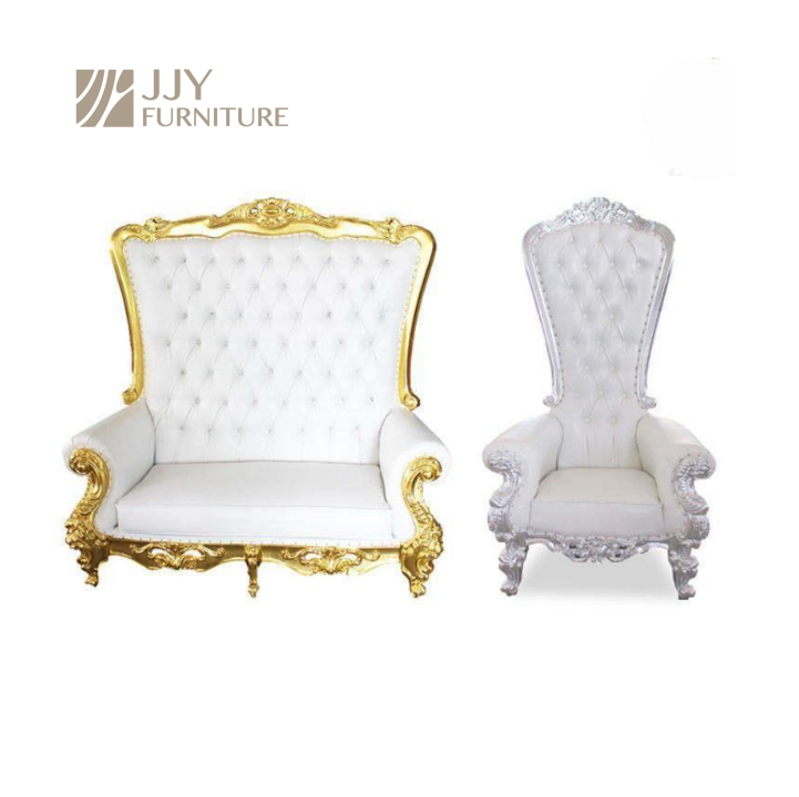 Gold Carved High Back Royal Sofa Chair Set – White Tufted Throne Sofa & Chair for Wedding Event Deco