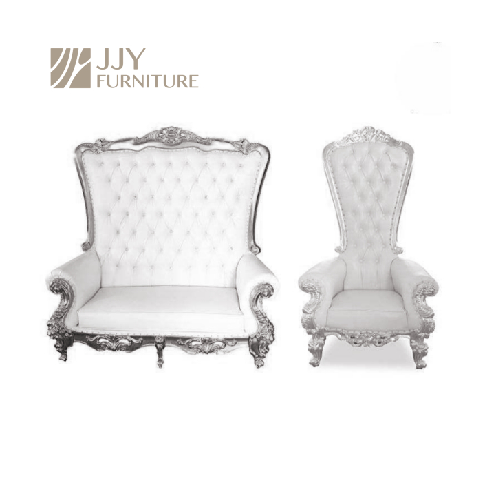 Gold Carved High Back Royal Sofa Chair Set – White Tufted Throne Sofa & Chair for Wedding Event Deco