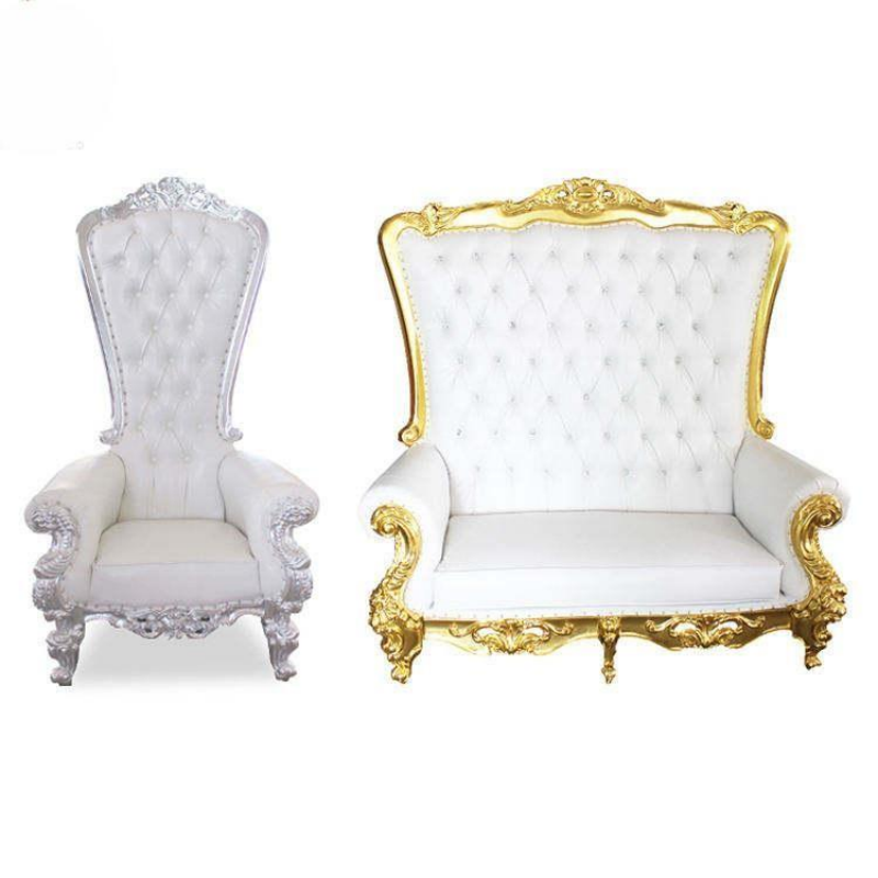 Gold Carved High Back Royal Sofa Chair Set – White Tufted Throne Sofa & Chair for Wedding Event Deco