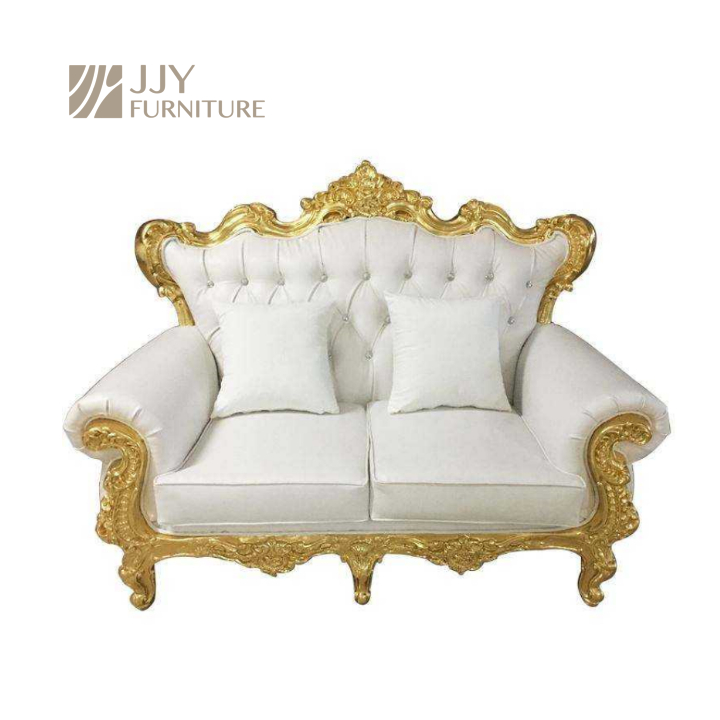 Gold Carved Royal Loveseat Sofa – White Tufted 2-Seater Sofa with Throw Pillows for Wedding Event De