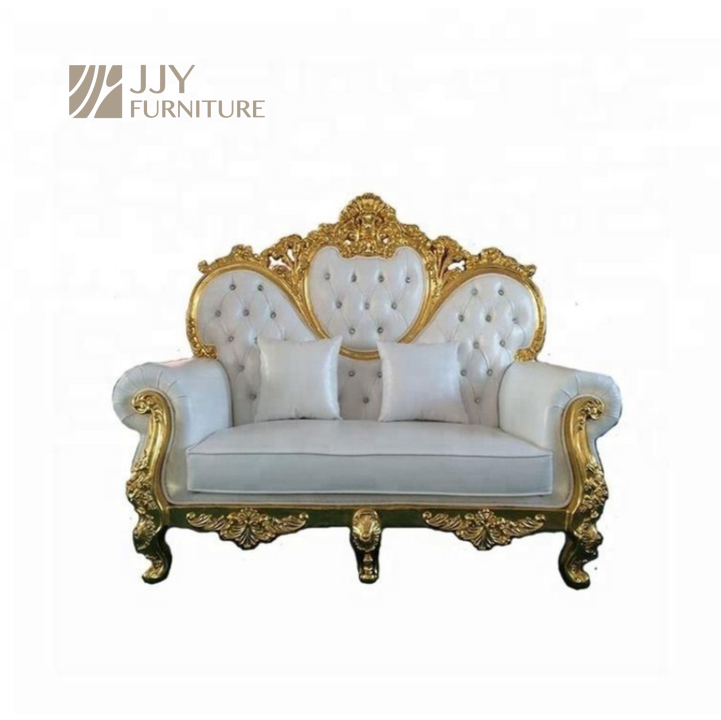 Gold Carved Royal Loveseat Sofa – White Tufted 2-Seater Sofa with Throw Pillows for Wedding Event De