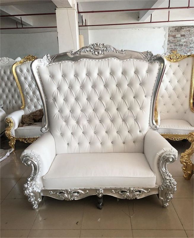Gold Carved Royal Loveseat Sofa – White Tufted 2-Seater Sofa with Throw Pillows for Wedding Event De