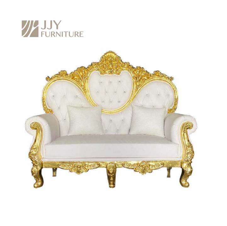 Gold Carved Royal Loveseat Sofa – White Tufted 2-Seater Sofa with Throw Pillows for Wedding Event De