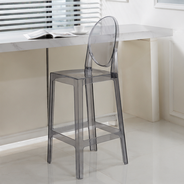Smoke Gray Transparent Acrylic Bar Stool – Round Back Tall Bar Chair with Footrest for Kitchen Islan