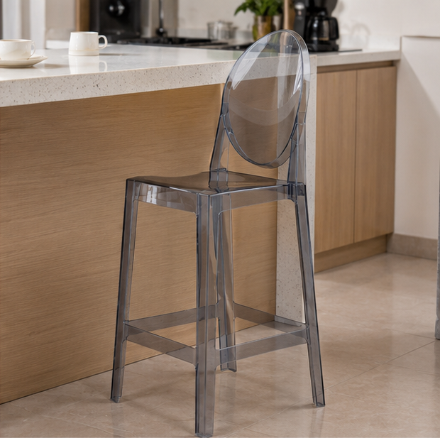 Smoke Gray Transparent Acrylic Bar Stool – Round Back Tall Bar Chair with Footrest for Kitchen Islan