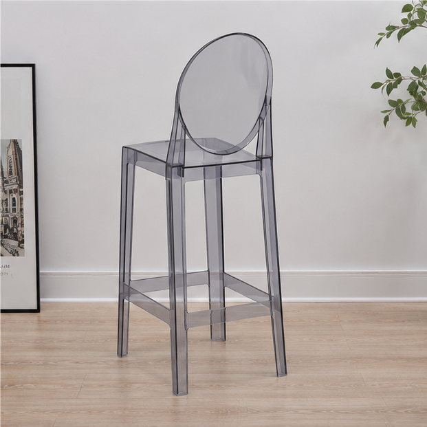 Smoke Gray Transparent Acrylic Bar Stool – Round Back Tall Bar Chair with Footrest for Kitchen Islan