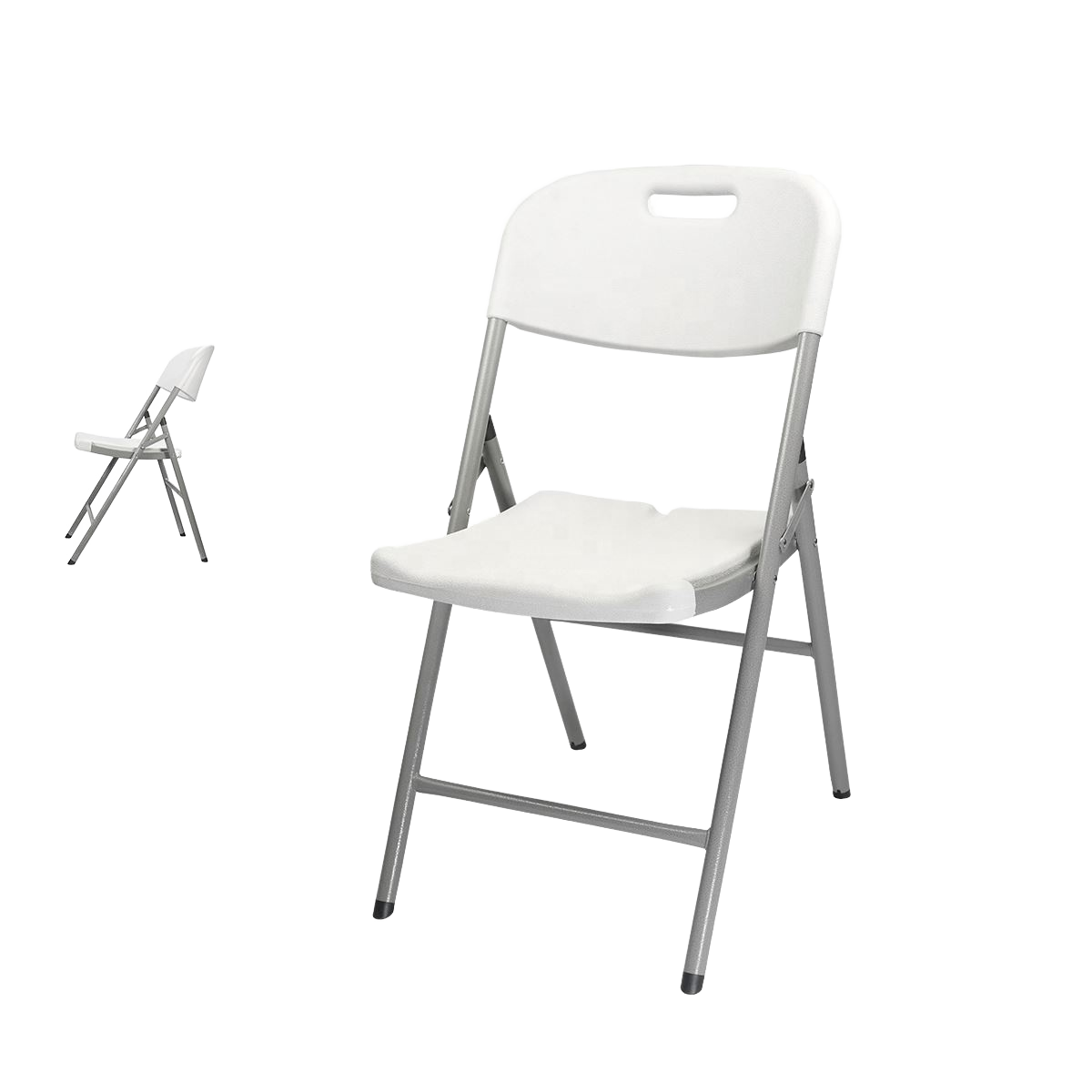 White Plastic Folding Chair with Gray Metal Frame – Portable Stackable Event Chair for Wedding Party