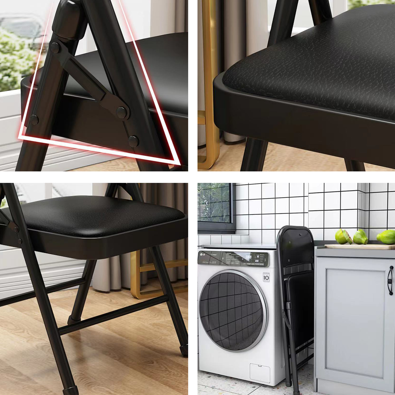 Black Metal Folding Garden Chair – Portable All-Black Outdoor Indoor Chair for Wedding Party Event R