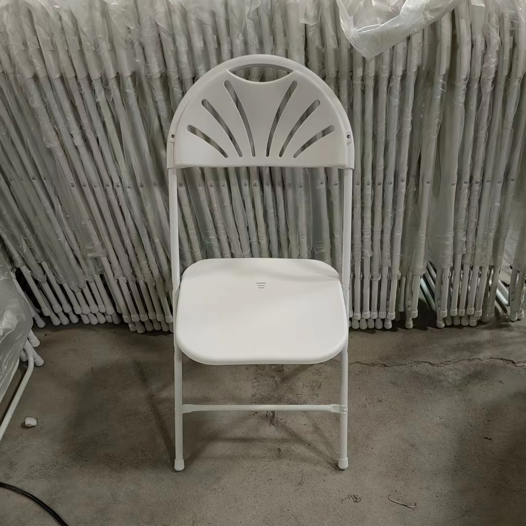 Slim Fan Back Metal Folding Chair – White / Black Stackable Event Chair for Wedding Banquet Rental