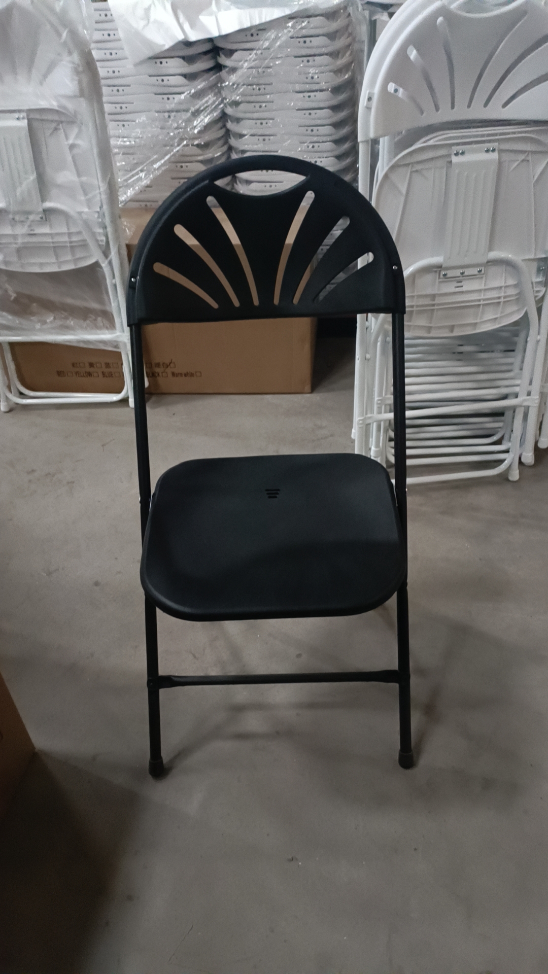 Slim Fan Back Metal Folding Chair – White / Black Stackable Event Chair for Wedding Banquet Rental